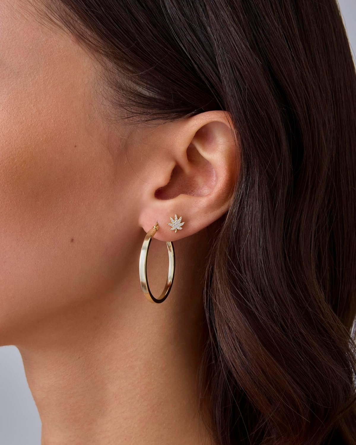 image:imagePAVOI 14K Gold Plated Dainty Flat Back Earrings for Women Hypoallergenic Sterling Silver Posts Helix Cartilage Piercing Jewelry Emoji Motif Bow Celestial Flatback Gold Stud Earrings Screw BackLeaf