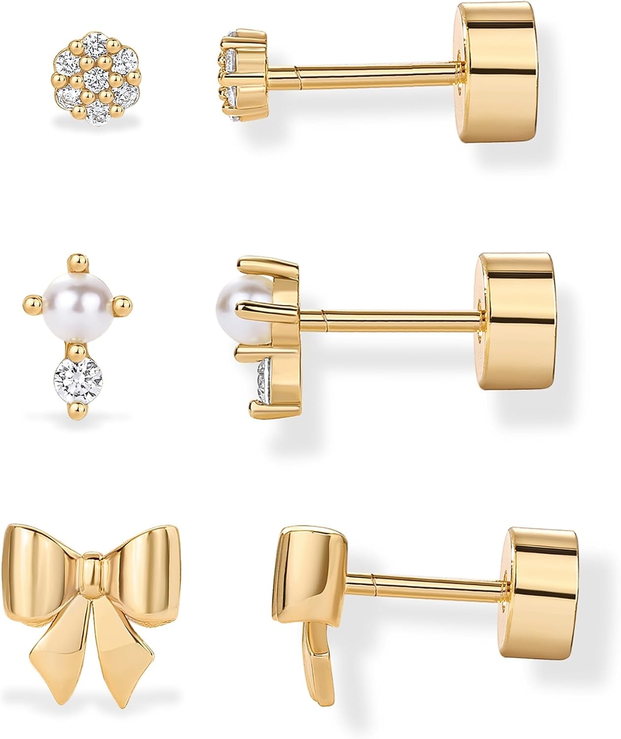 image:imagePAVOI 14K Gold Plated Dainty Flat Back Earrings for Women Hypoallergenic Sterling Silver Posts Helix Cartilage Piercing Jewelry Emoji Motif Bow Celestial Flatback Gold Stud Earrings Screw BackBow Pearl Trio Set