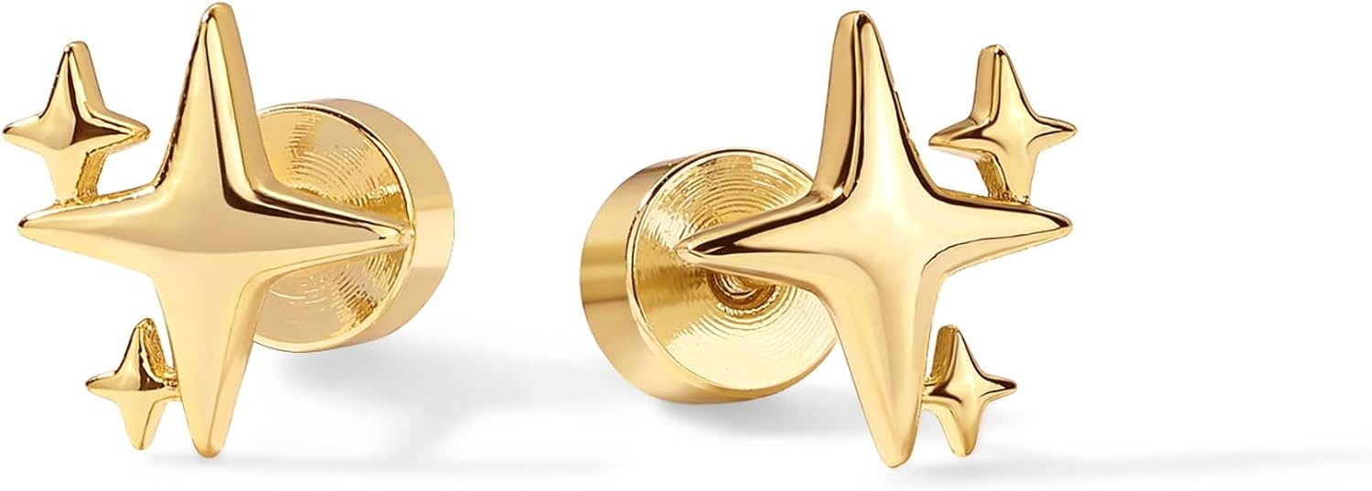 image:imagePAVOI 14K Gold Plated Dainty Flat Back Earrings for Women Hypoallergenic Sterling Silver Posts Helix Cartilage Piercing Jewelry Emoji Motif Bow Celestial Flatback Gold Stud Earrings Screw BackSparkle