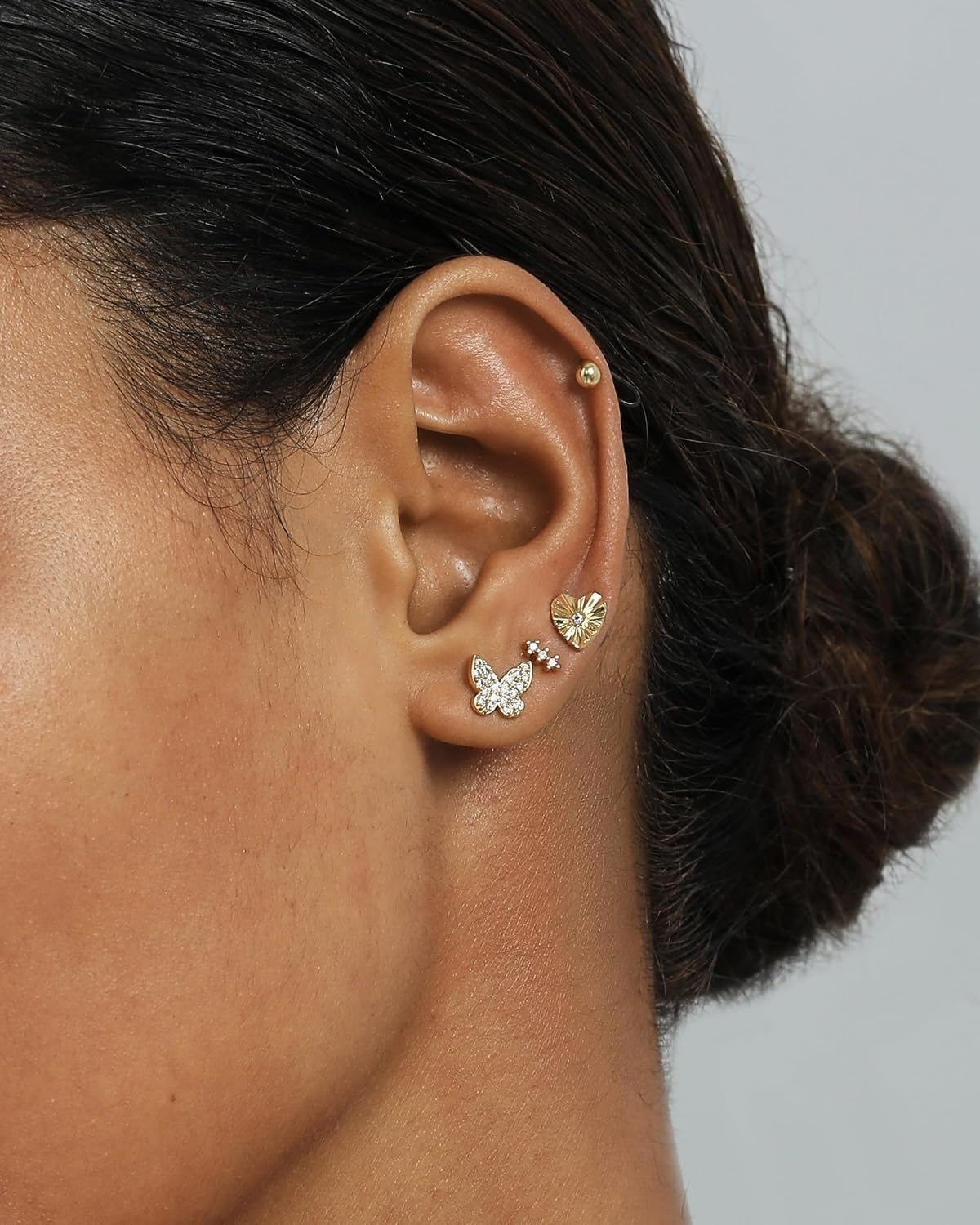 image:imagePAVOI 14K Gold Plated Dainty Flat Back Earrings for Women Hypoallergenic Sterling Silver Posts Helix Cartilage Piercing Jewelry Emoji Motif Bow Celestial Flatback Gold Stud Earrings Screw BackButterfly 4Pair Set