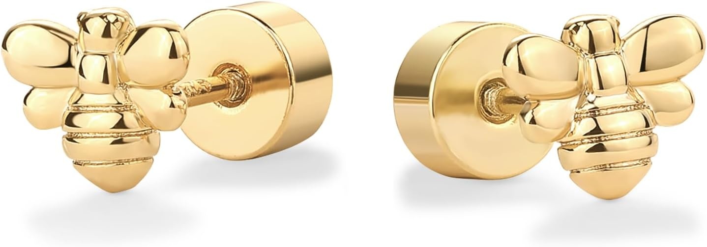 image:imagePAVOI 14K Gold Plated Dainty Flat Back Earrings for Women Hypoallergenic Sterling Silver Posts Helix Cartilage Piercing Jewelry Emoji Motif Bow Celestial Flatback Gold Stud Earrings Screw BackBumble Bee