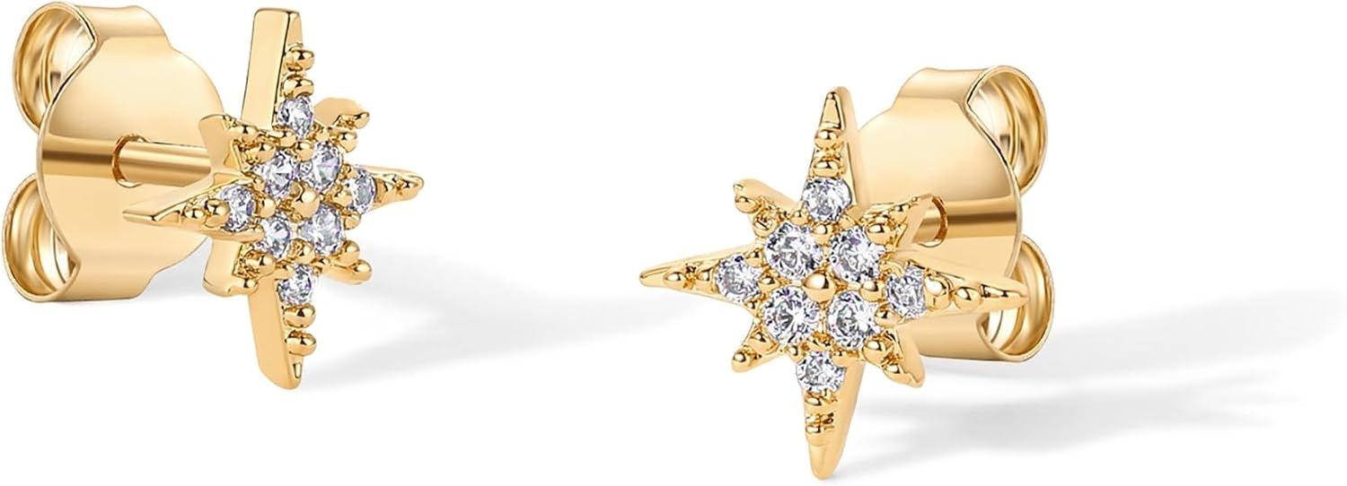 image:imagePAVOI 14K Gold Plated Dainty Stud Earrings for Women 925 Sterling Silver Posts Earrings with Cubic Zirconia Celestial Lightning Bolt Moon Star and Flower Gold Jewelry GiftsYellow Gold