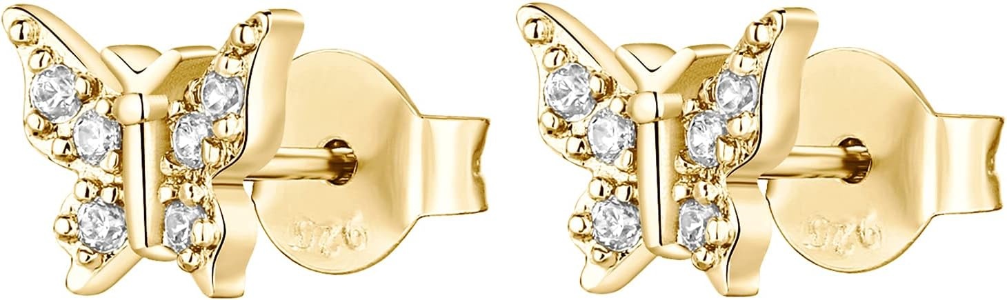 image:imagePAVOI 14K Gold Plated Dainty Stud Earrings for Women 925 Sterling Silver Posts Earrings with Cubic Zirconia Celestial Lightning Bolt Moon Star and Flower Gold Jewelry GiftsYellow Gold