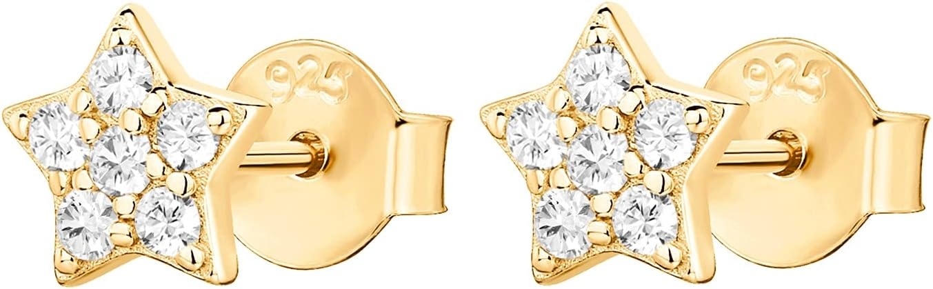 image:imagePAVOI 14K Gold Plated Dainty Stud Earrings for Women 925 Sterling Silver Posts Earrings with Cubic Zirconia Celestial Lightning Bolt Moon Star and Flower Gold Jewelry GiftsYellow Gold