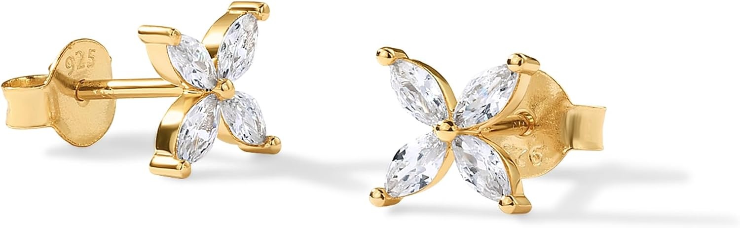 image:imagePAVOI 14K Gold Plated Dainty Stud Earrings for Women 925 Sterling Silver Posts Earrings with Cubic Zirconia Celestial Lightning Bolt Moon Star and Flower Gold Jewelry GiftsYellow Gold