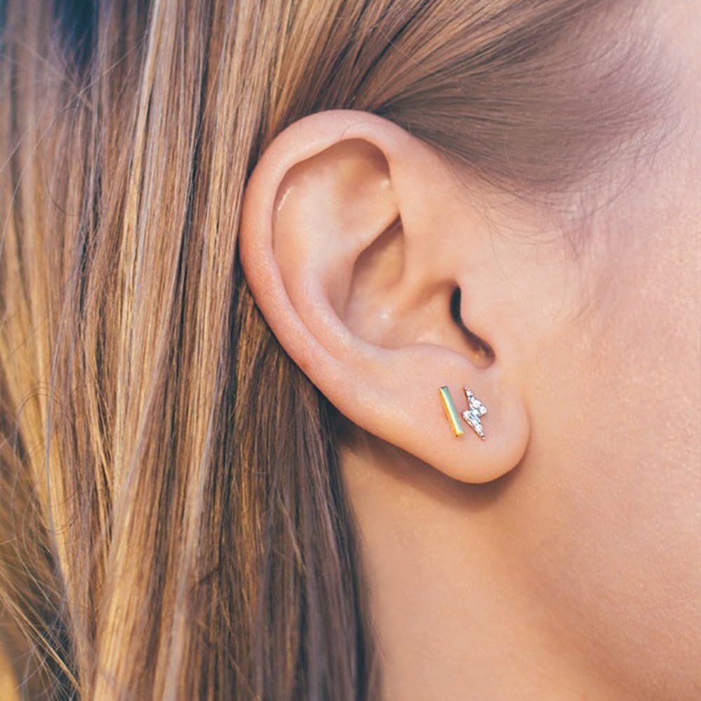 image:imagePAVOI 14K Gold Plated Dainty Stud Earrings for Women 925 Sterling Silver Posts Earrings with Cubic Zirconia Celestial Lightning Bolt Moon Star and Flower Gold Jewelry GiftsYellow Gold