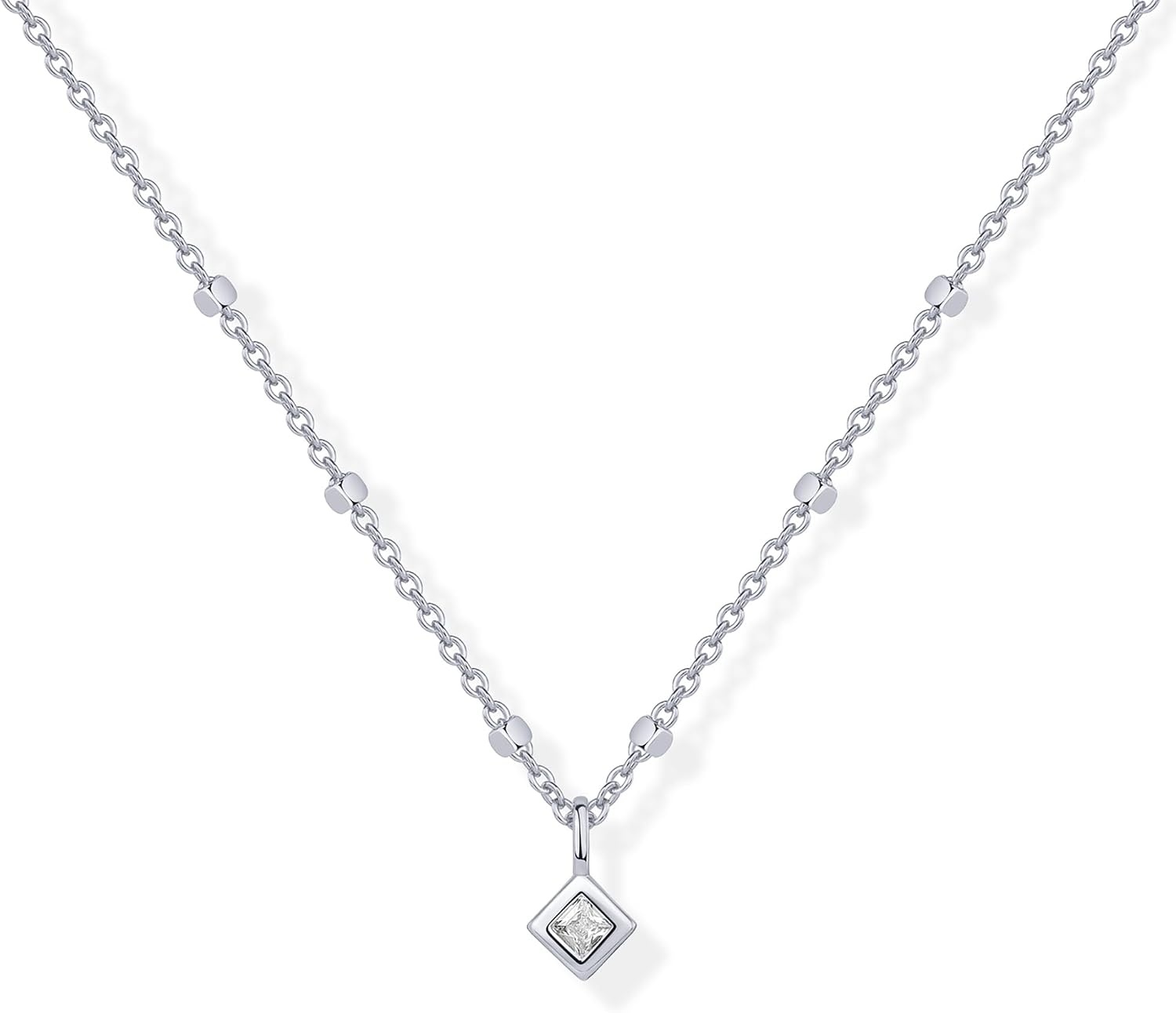 image:imagePAVOI 14K Gold Plated Dainty Tube Ball Square Beaded Chain Bezel Set Solitaire Pendant Necklace for Women Round Princess Marquise Cubic Zirconia Statement NecklaceWhite Gold