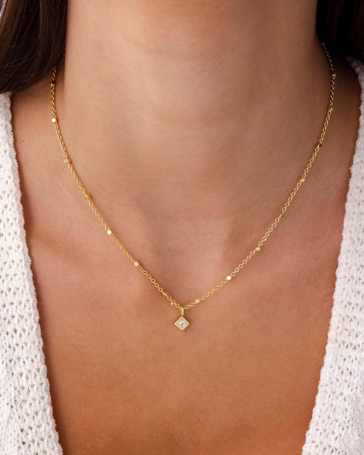 image:imagePAVOI 14K Gold Plated Dainty Tube Ball Square Beaded Chain Bezel Set Solitaire Pendant Necklace for Women Round Princess Marquise Cubic Zirconia Statement NecklaceWhite Gold