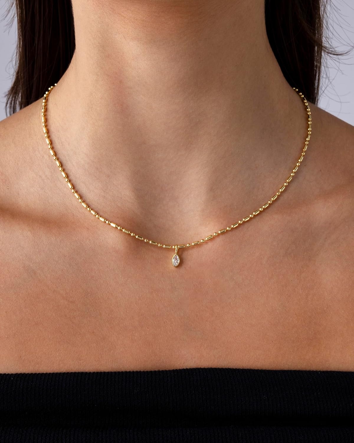 image:imagePAVOI 14K Gold Plated Dainty Tube Ball Square Beaded Chain Bezel Set Solitaire Pendant Necklace for Women Round Princess Marquise Cubic Zirconia Statement NecklaceWhite Gold