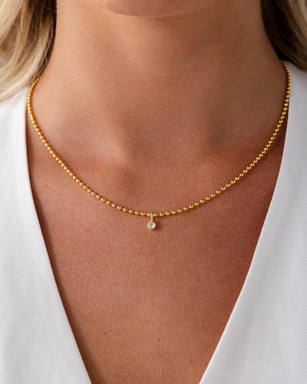 image:imagePAVOI 14K Gold Plated Dainty Tube Ball Square Beaded Chain Bezel Set Solitaire Pendant Necklace for Women Round Princess Marquise Cubic Zirconia Statement NecklaceWhite Gold