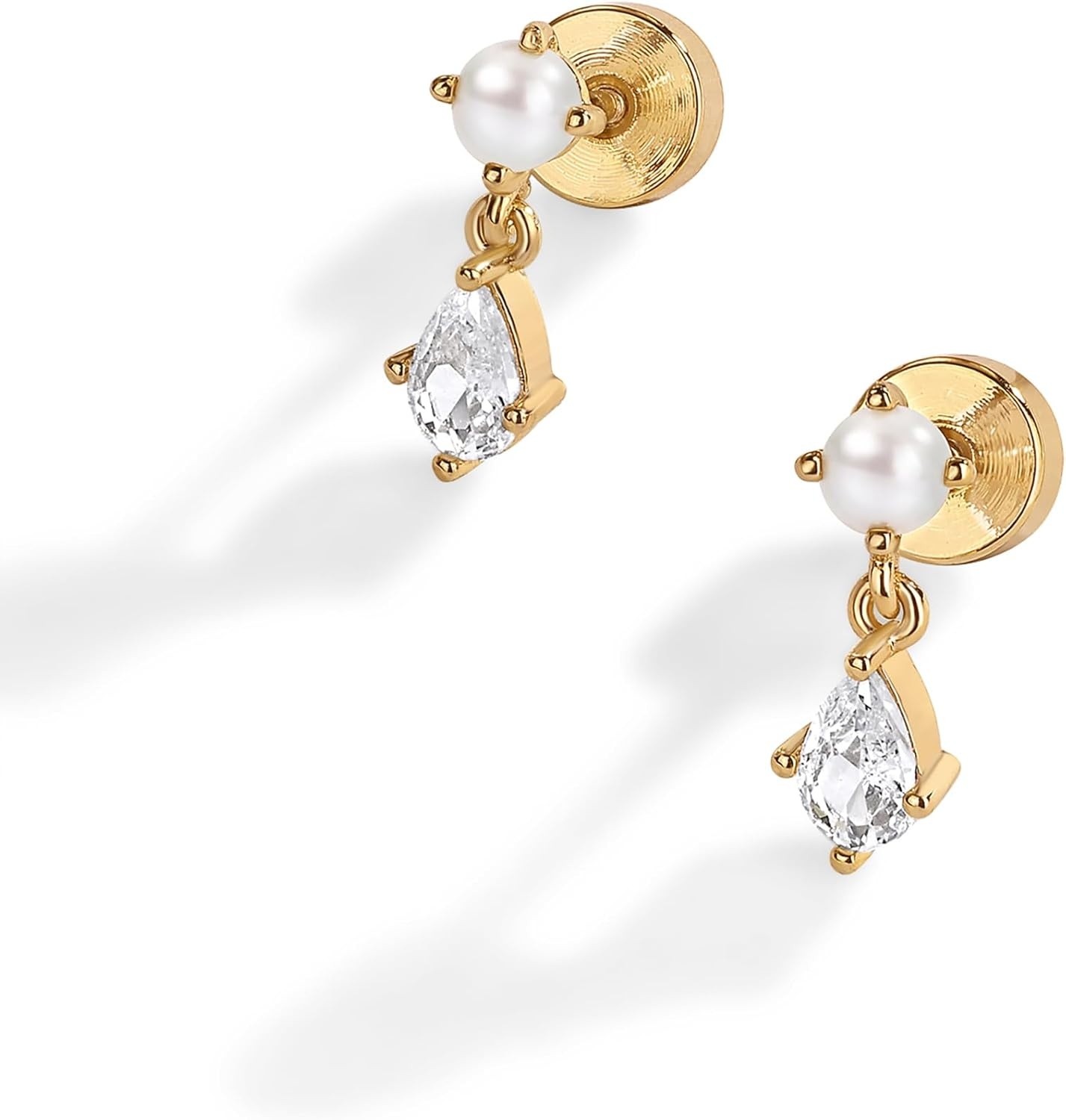 image:imagePAVOI 14K Gold Plated Dangle Flat Back Earrings for Women Helix and Cartilage Pearl Cluster Triangle Lotus Pear Marquise Cubic Zirconia Screw Back Earring PairPear