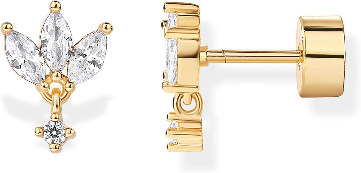 image:imagePAVOI 14K Gold Plated Dangle Flat Back Earrings for Women Helix and Cartilage Pearl Cluster Triangle Lotus Pear Marquise Cubic Zirconia Screw Back Earring PairLotus