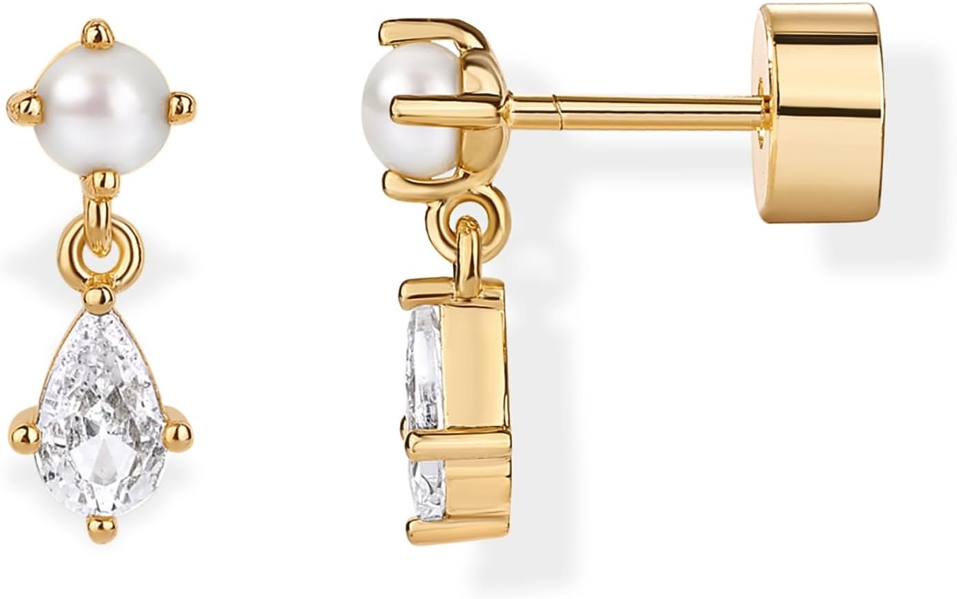 image:imagePAVOI 14K Gold Plated Dangle Flat Back Earrings for Women Helix and Cartilage Pearl Cluster Triangle Lotus Pear Marquise Cubic Zirconia Screw Back Earring PairPear