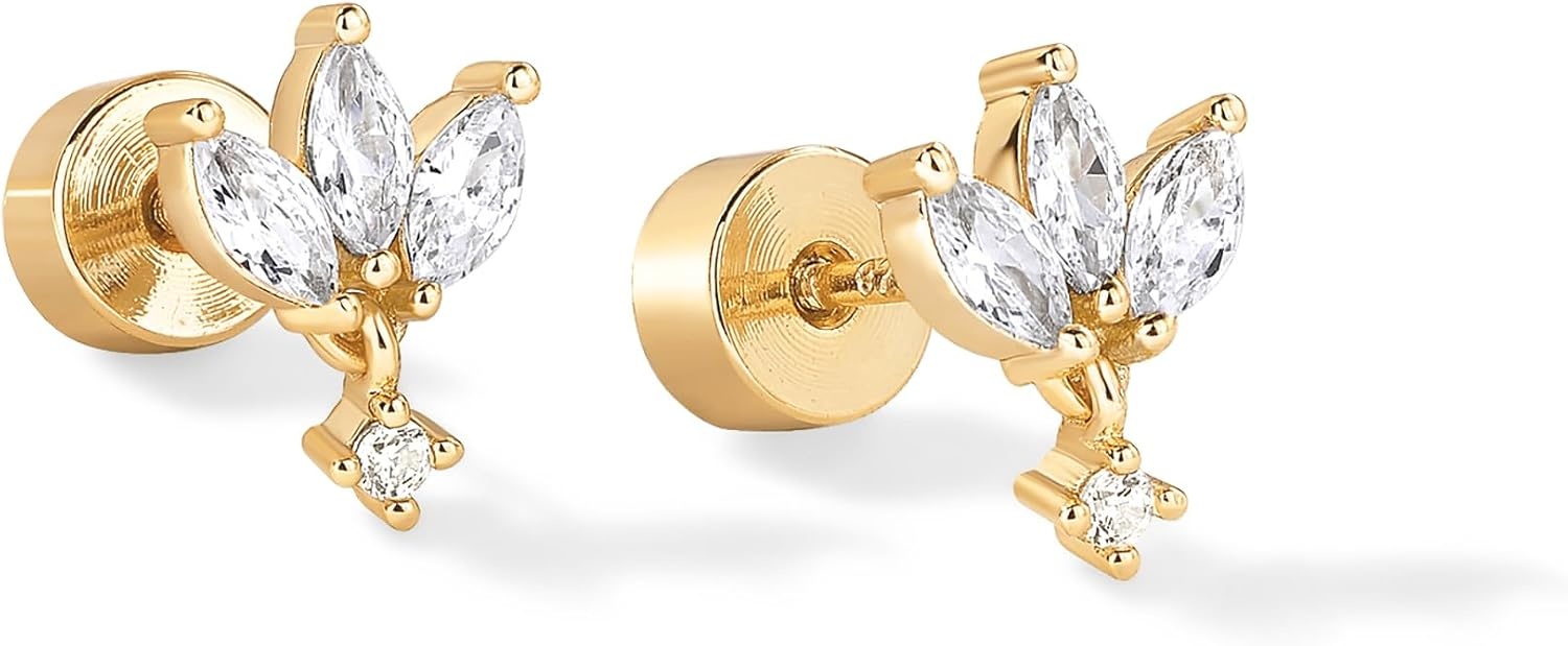 image:imagePAVOI 14K Gold Plated Dangle Flat Back Earrings for Women Helix and Cartilage Pearl Cluster Triangle Lotus Pear Marquise Cubic Zirconia Screw Back Earring PairLotus