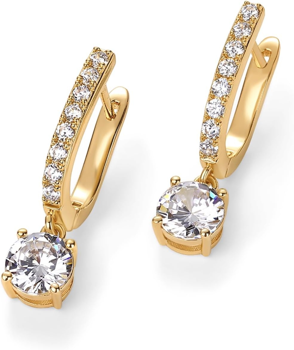 image:imagePAVOI 14K Gold Plated Dangle Hoop Earrings for Women Bridal Small Dangle Gold Earrings with 925 Sterling Silver Posts Cubic Zirconia Huggie Drop Trendy Fashion JewelryYellow Gold