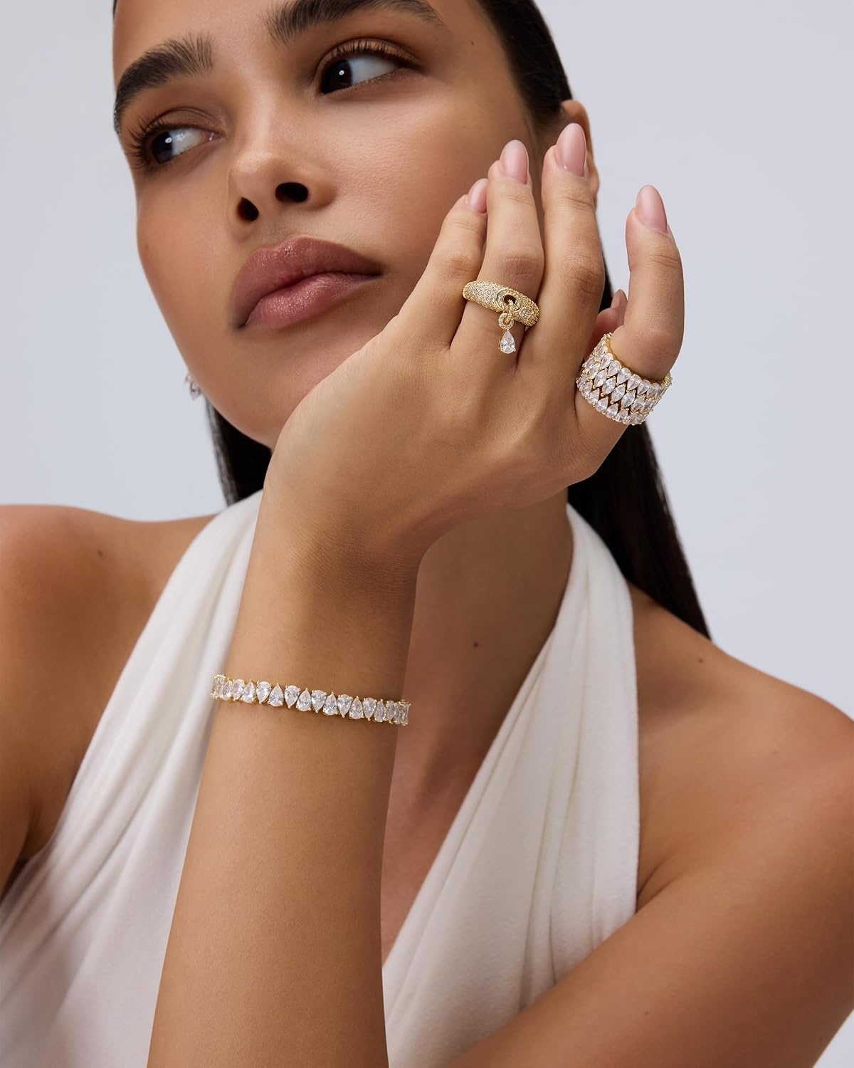 image:imagePAVOI 14K Gold Plated Dangle Wedding Ring for Women Chunky Statement Gold Wedding Bands for Women with Cubic Zirconia Bold Fashion Trendy Bridal Jewelry GiftYellow Gold