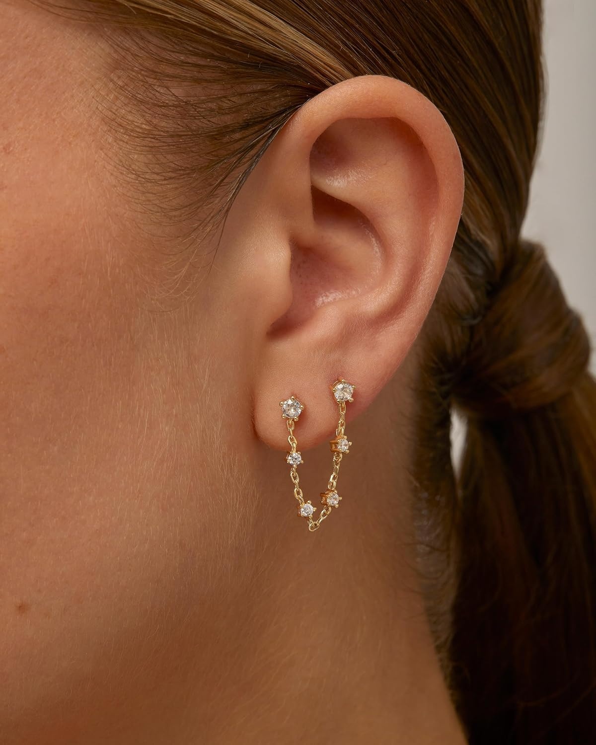 image:imagePAVOI 14K Gold Plated Delicate CZ Chain Earrings for Women Double Piercing Dangle Chain Studs Cubic Zirconia EarscapesWhite Gold
