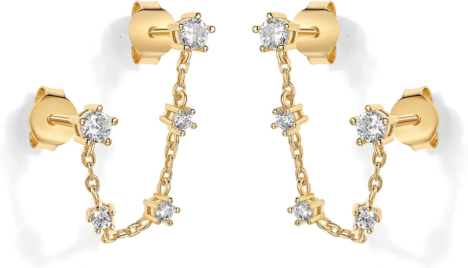 image:imagePAVOI 14K Gold Plated Delicate CZ Chain Earrings for Women Double Piercing Dangle Chain Studs Cubic Zirconia EarscapesYellow Gold