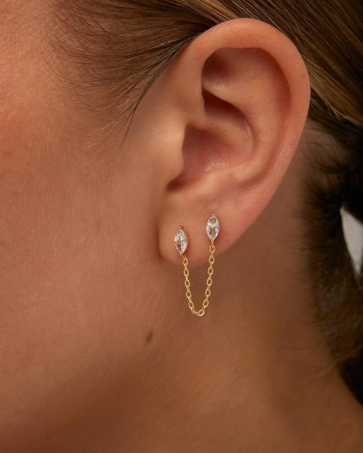 image:imagePAVOI 14K Gold Plated Delicate CZ Chain Earrings for Women Double Piercing Dangle Chain Studs Cubic Zirconia EarscapesYellow Gold