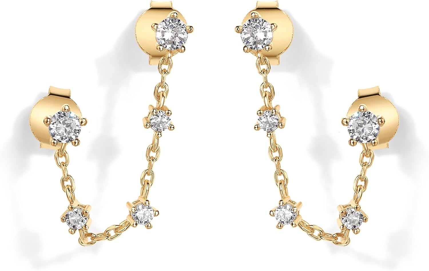 image:imagePAVOI 14K Gold Plated Delicate CZ Chain Earrings for Women Double Piercing Dangle Chain Studs Cubic Zirconia EarscapesYellow Gold