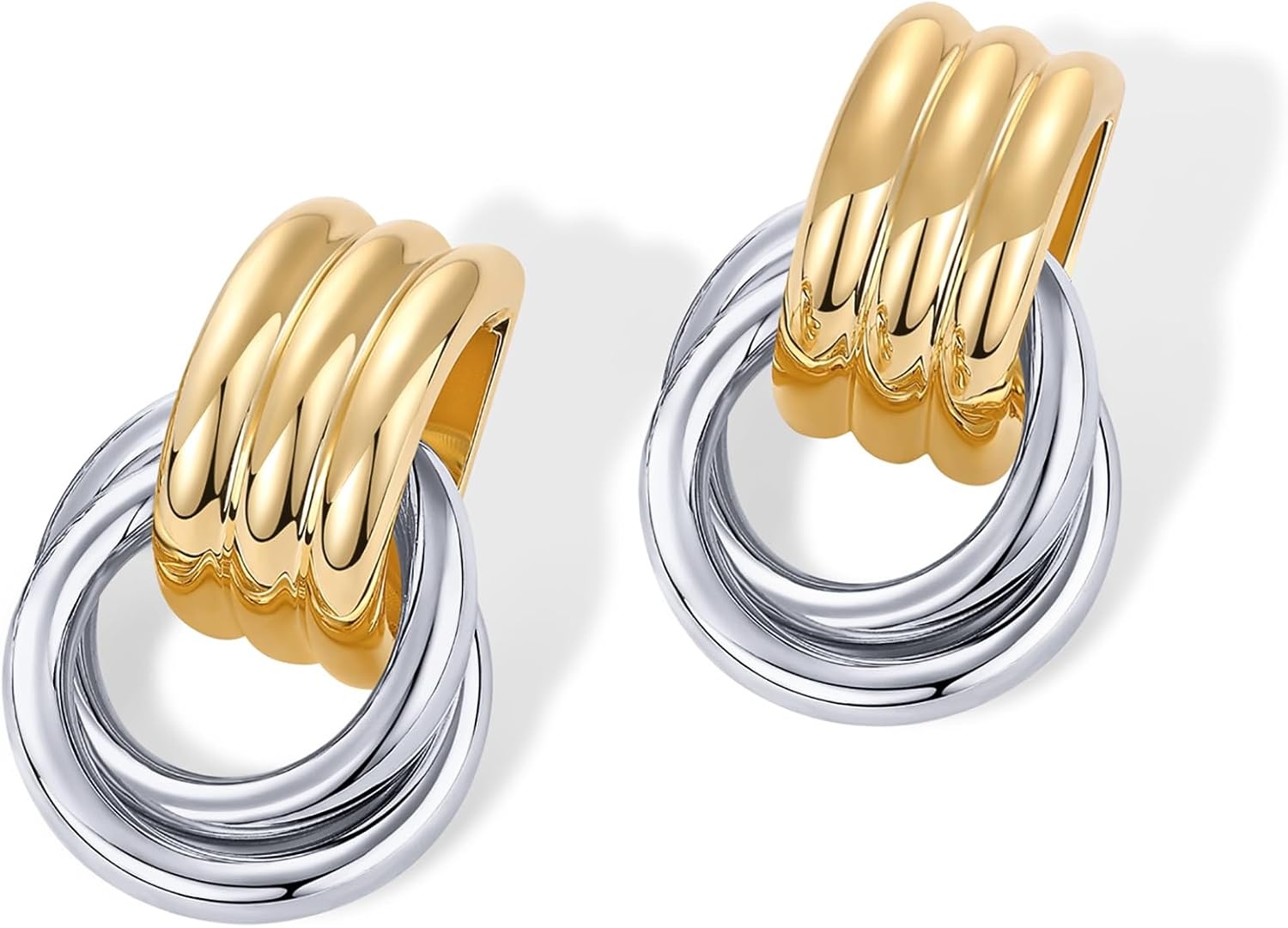 image:imagePAVOI 14K Gold Plated Door Knocker Statement Earrings for Women Chunky Gold Earrings for Women Trendy Mixed Metals Bold Knot Drop Dangle JewelryTwoToned