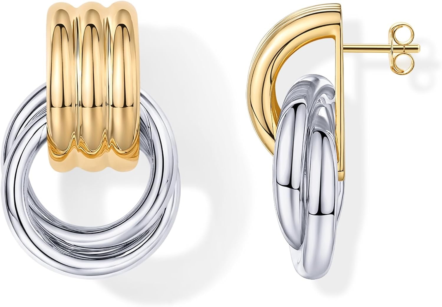 image:imagePAVOI 14K Gold Plated Door Knocker Statement Earrings for Women Chunky Gold Earrings for Women Trendy Mixed Metals Bold Knot Drop Dangle JewelryTwoToned