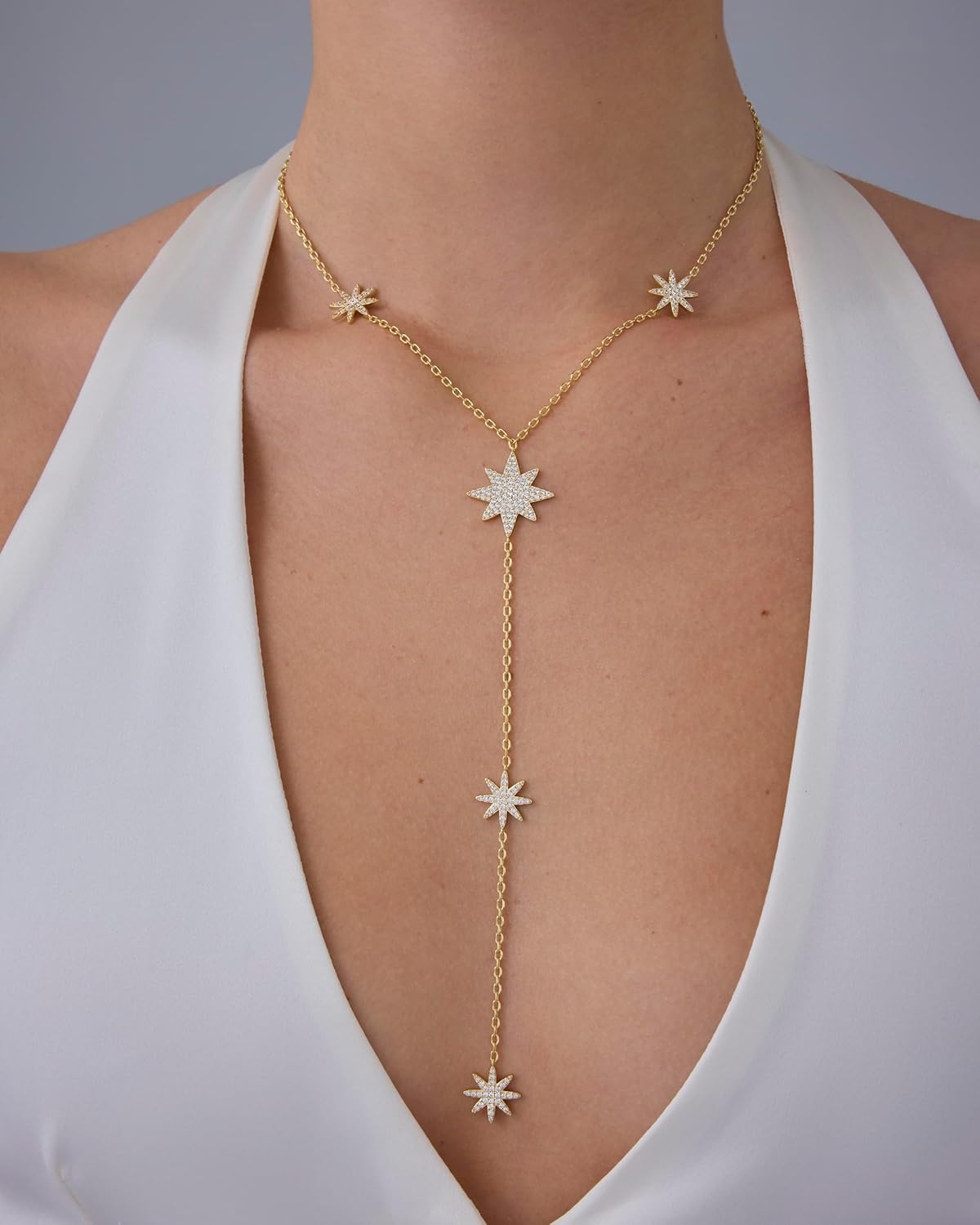 image:imagePAVOI 14K Gold Plated Drop Lariat Chain for Women Cubic Zirconia Long Necklace Station Star Layered Beaded Y NecklaceWhite Gold