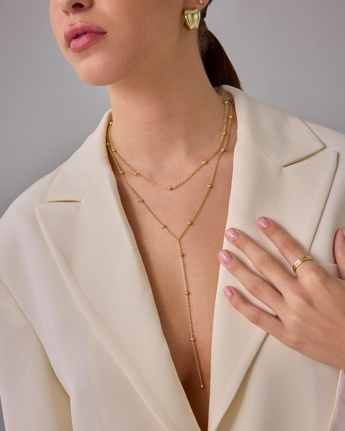 image:imagePAVOI 14K Gold Plated Drop Lariat Chain for Women Cubic Zirconia Long Necklace Station Star Layered Beaded Y NecklaceWhite Gold