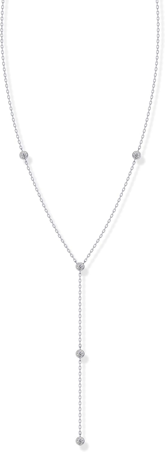 image:imagePAVOI 14K Gold Plated Drop Lariat Chain for Women Cubic Zirconia Long Necklace Station Star Layered Beaded Y NecklaceWhite Gold