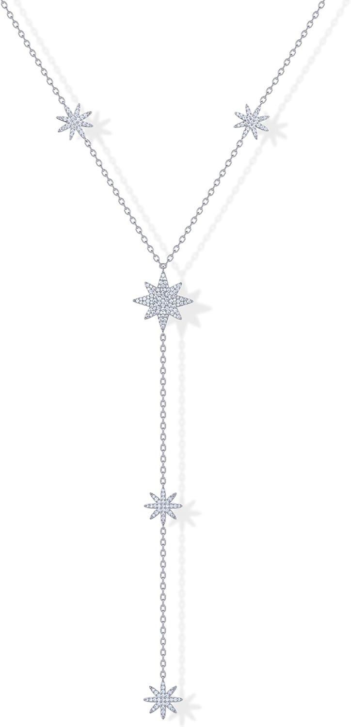 image:imagePAVOI 14K Gold Plated Drop Lariat Chain for Women Cubic Zirconia Long Necklace Station Star Layered Beaded Y NecklaceWhite Gold