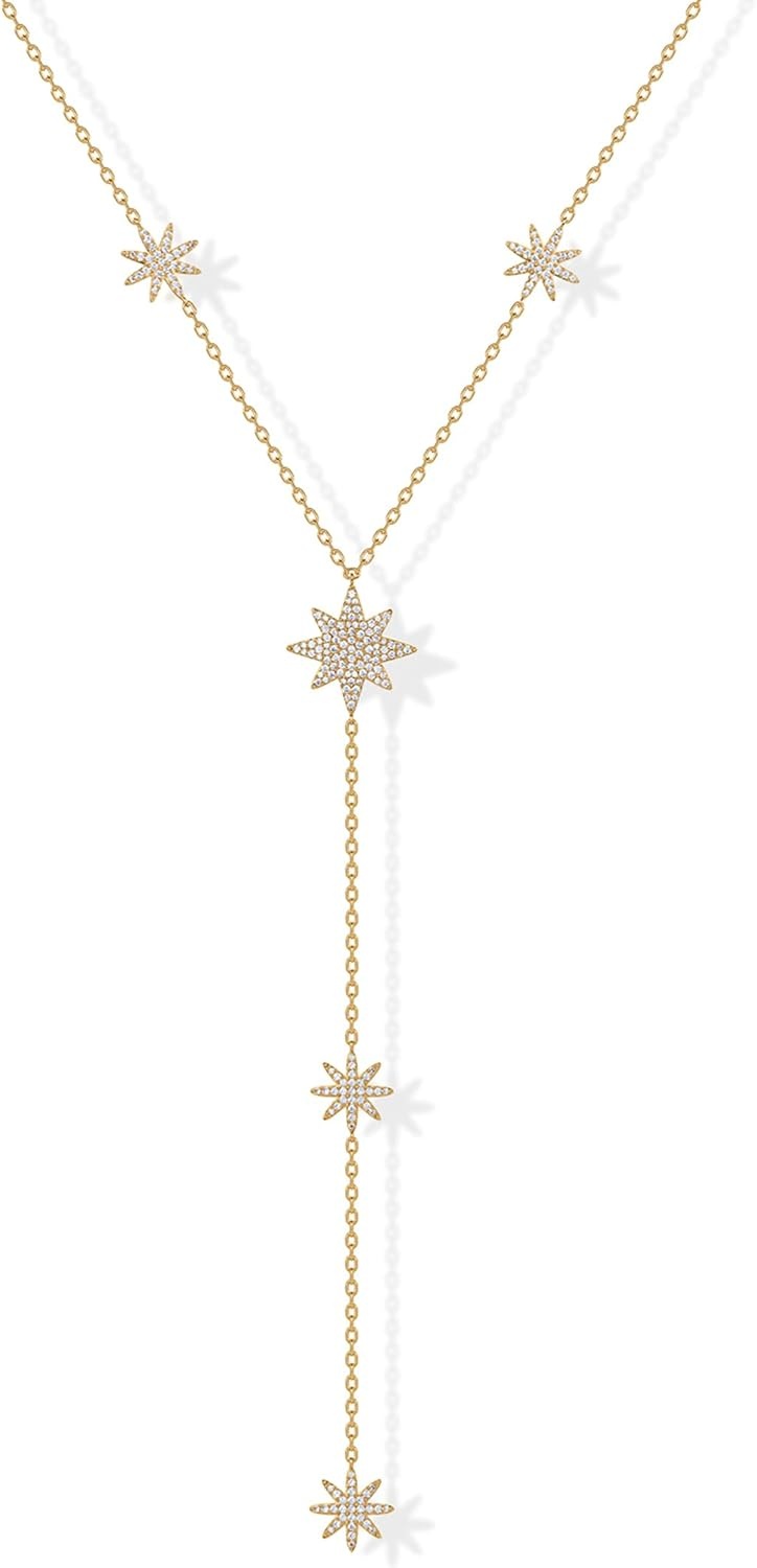 image:imagePAVOI 14K Gold Plated Drop Lariat Chain for Women Cubic Zirconia Long Necklace Station Star Layered Beaded Y NecklaceYellow Gold