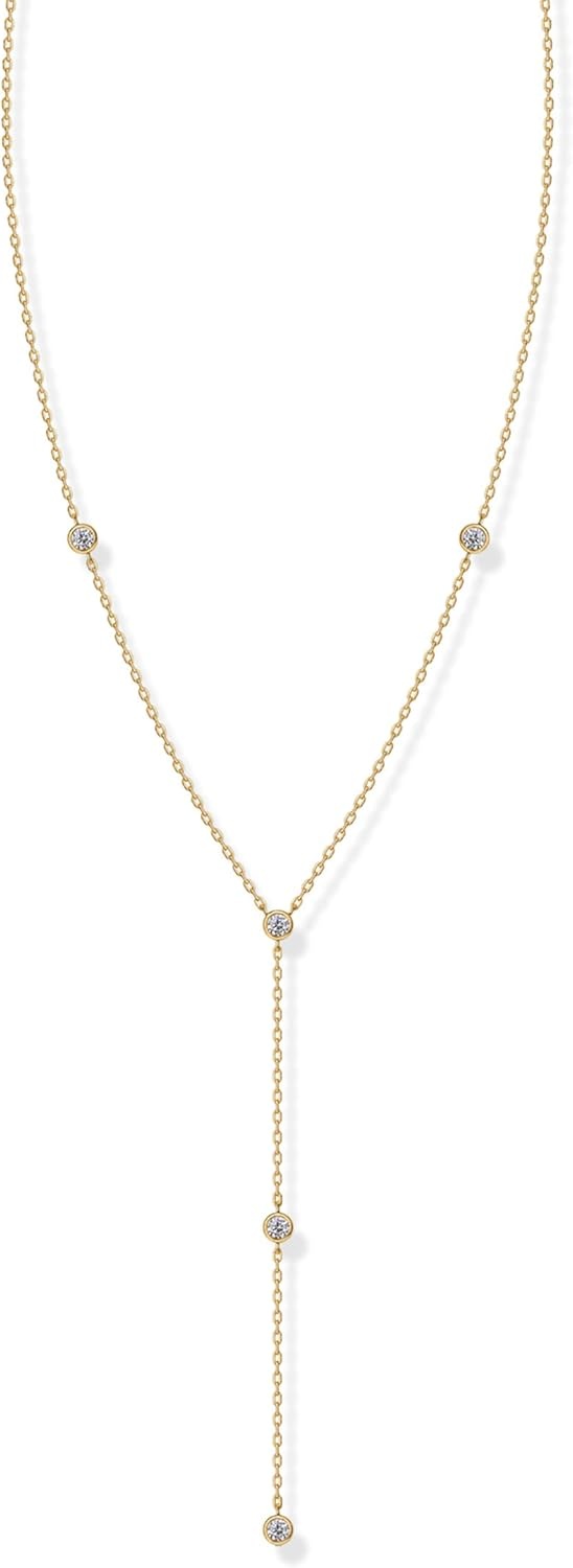 image:imagePAVOI 14K Gold Plated Drop Lariat Chain for Women Cubic Zirconia Long Necklace Station Star Layered Beaded Y NecklaceYellow Gold