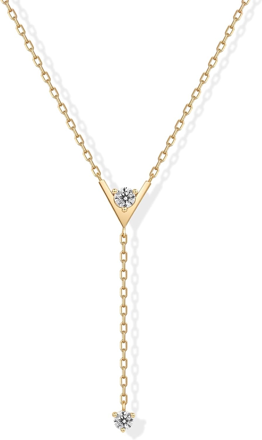 image:imagePAVOI 14K Gold Plated Drop Lariat Chain for Women Cubic Zirconia Long Necklace Station Star Layered Beaded Y NecklaceYellow Gold
