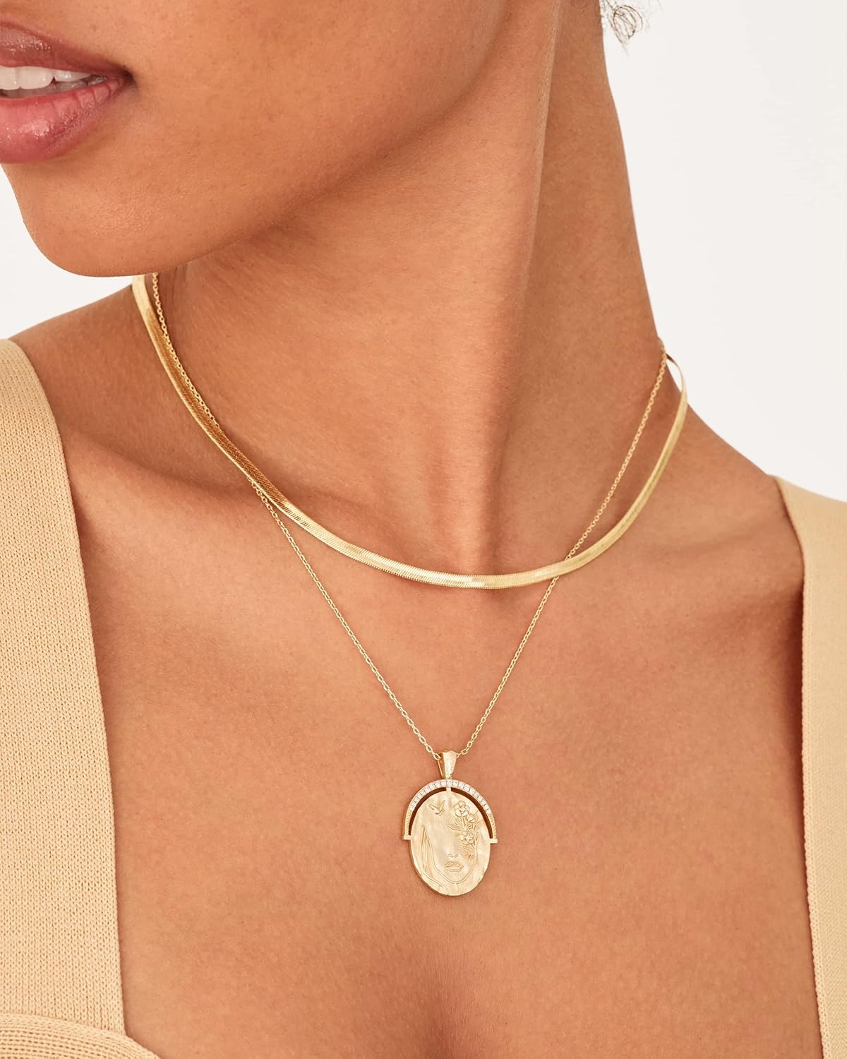 image:imagePAVOI 14K Gold Plated Engraved Hammered Oval Coin Pendant Necklace for Women Hamsa Stars Bohemian Pendant Adjustable Chain Necklaces Calm Inspirational Secret PhrasesWhite Gold