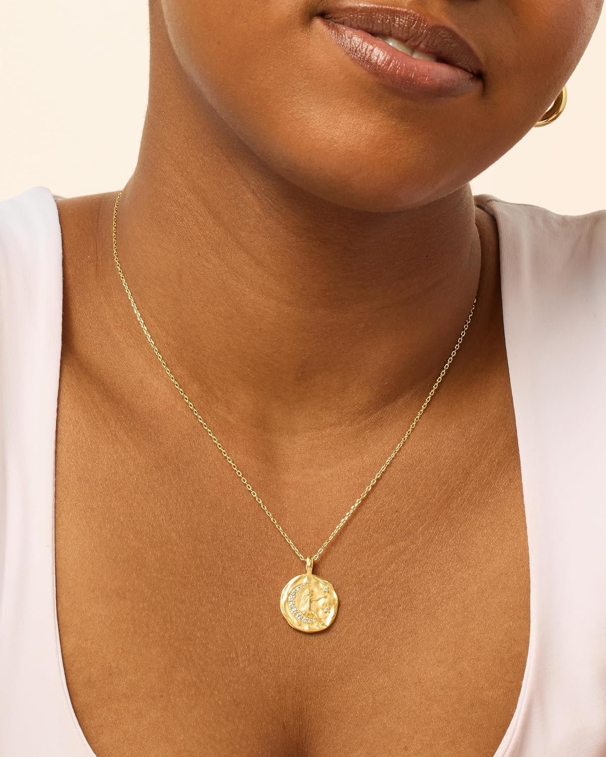 image:imagePAVOI 14K Gold Plated Engraved Hammered Oval Coin Pendant Necklace for Women Hamsa Stars Bohemian Pendant Adjustable Chain Necklaces Calm Inspirational Secret PhrasesWhite Gold
