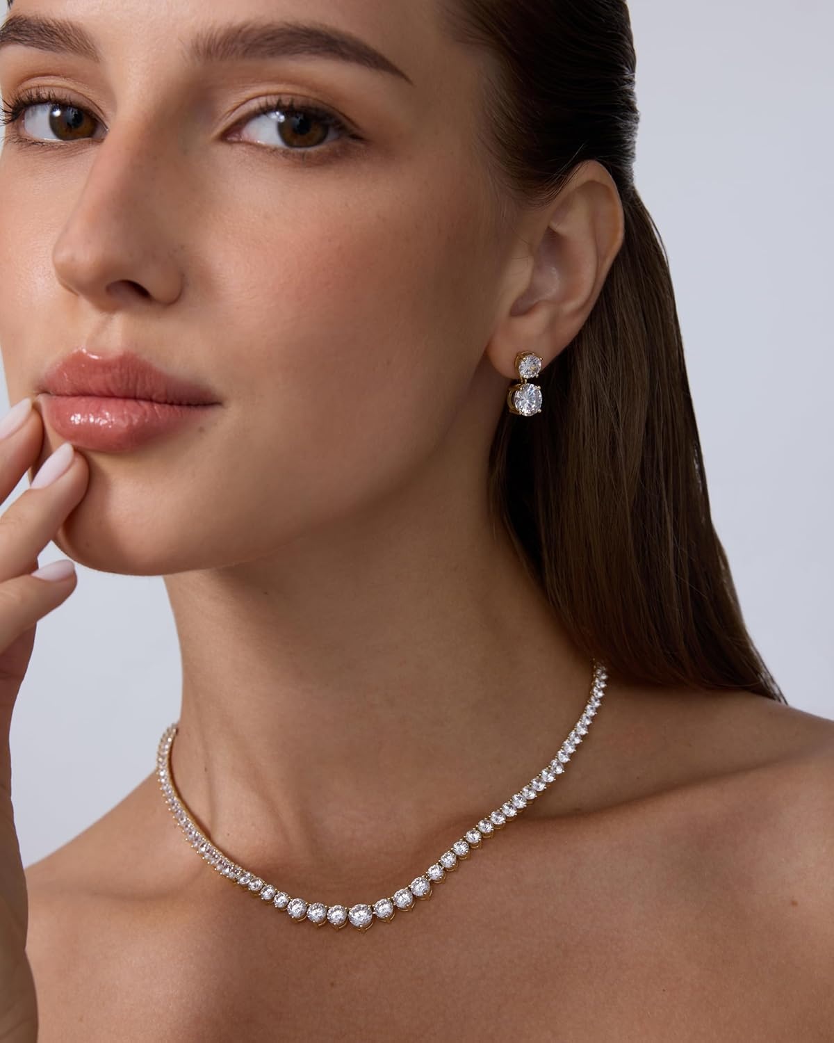image:imagePAVOI 14K Gold Plated Graduated Tennis Necklaces for Women Cubic Zirconia Tennis Necklace for Brides amp Bridesmaids Simulated Diamond Chain Trendy Wedding JewelryYellow Gold