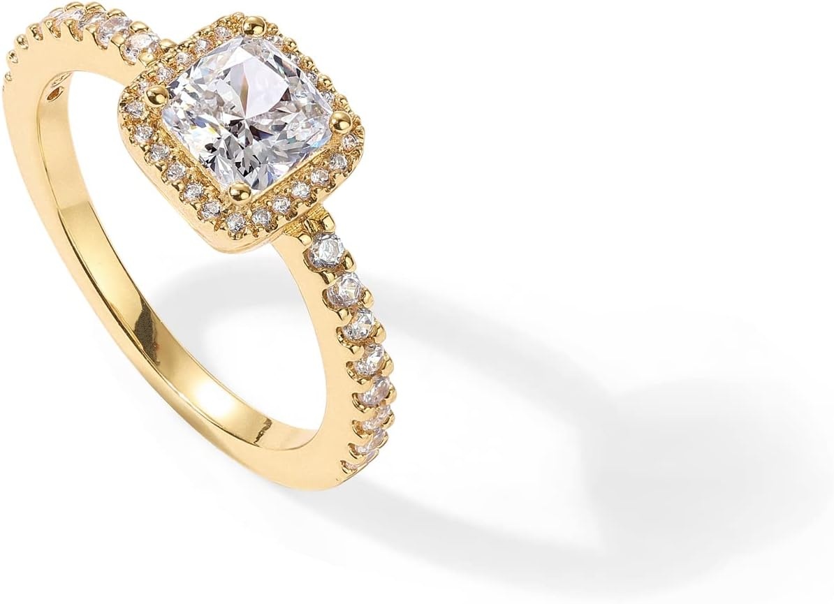 image:imagePAVOI 14K Gold Plated Halo Ring Heart Ring for Women Square Round Valentines Day Love Promise Rings for HerYellow Gold