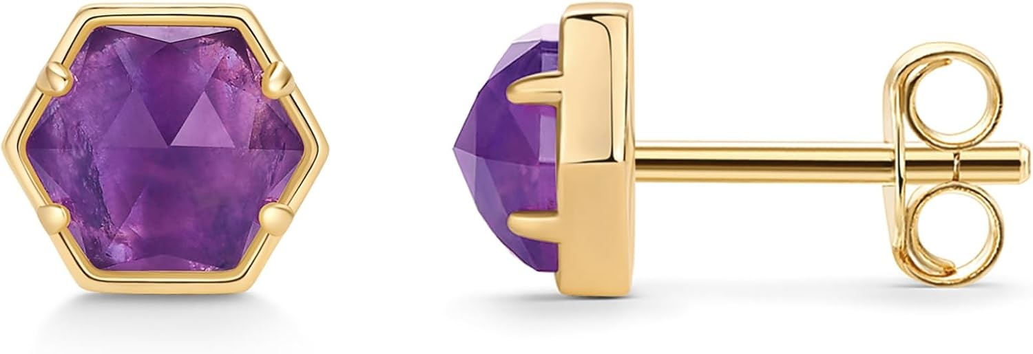 image:imagePAVOI 14K Gold Plated Hexagon Gemstone Stud Earrings for Women Natural Birthstone Earring PairAmethyst