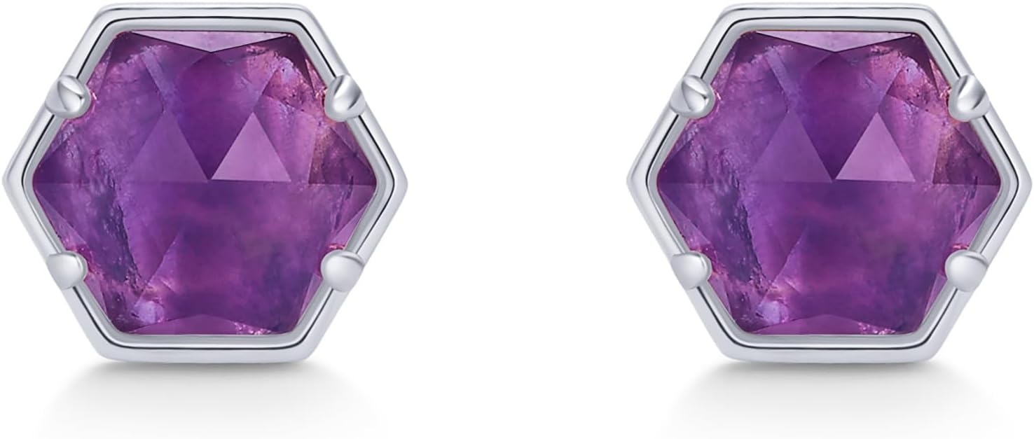 image:imagePAVOI 14K Gold Plated Hexagon Gemstone Stud Earrings for Women Natural Birthstone Earring PairAmethyst