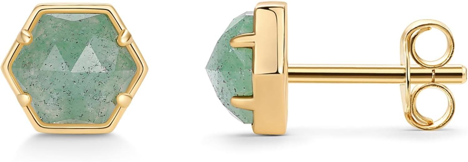 image:imagePAVOI 14K Gold Plated Hexagon Gemstone Stud Earrings for Women Natural Birthstone Earring PairGreen Fluorite
