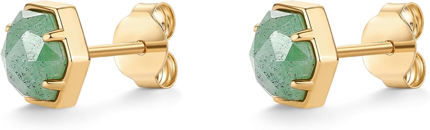 image:imagePAVOI 14K Gold Plated Hexagon Gemstone Stud Earrings for Women Natural Birthstone Earring PairGreen Fluorite
