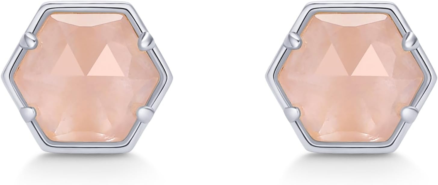 image:imagePAVOI 14K Gold Plated Hexagon Gemstone Stud Earrings for Women Natural Birthstone Earring PairRose Quartz