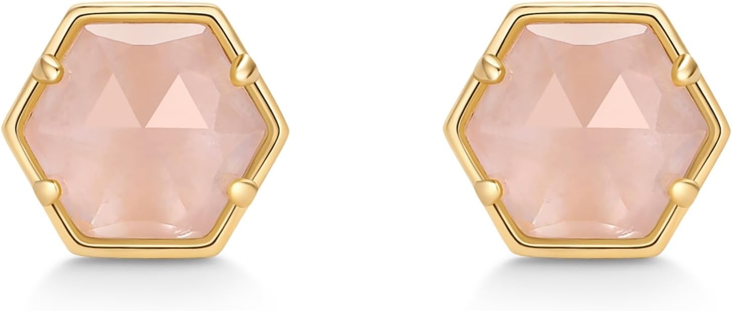 image:imagePAVOI 14K Gold Plated Hexagon Gemstone Stud Earrings for Women Natural Birthstone Earring PairRose Quartz