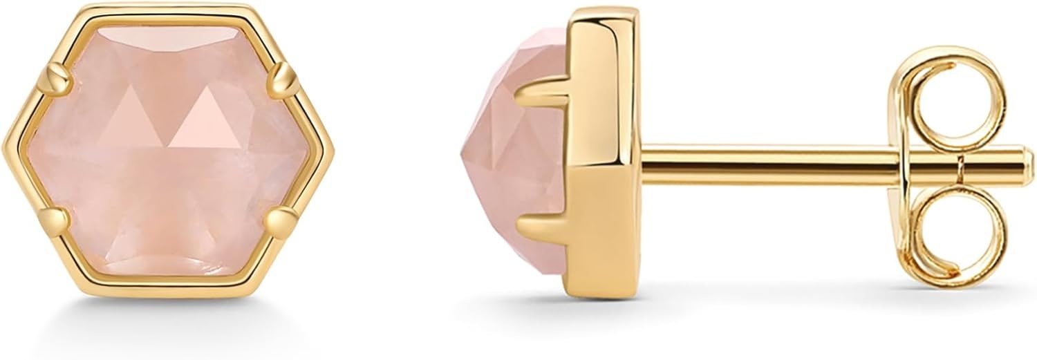 image:imagePAVOI 14K Gold Plated Hexagon Gemstone Stud Earrings for Women Natural Birthstone Earring PairRose Quartz