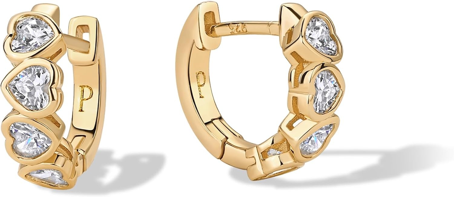 image:imagePAVOI 14K Gold Plated Huggie Earrings for Women Gold Earrings Hoops with Heart Shaped Cubic Zirconia Hypoallergenic Cartilage Trendy Fashion Huggie Hoop Dainty Romantic Everyday JewelryYellow Gold