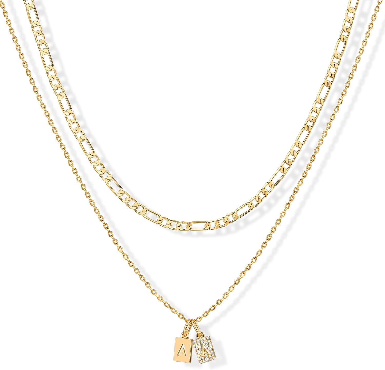 image:imagePAVOI 14K Gold Plated Initial Letter Double Dog Tag Pendant Necklace Dainty Cubic Zirconia Letter Tag Round Box Chain Necklaces for Women A