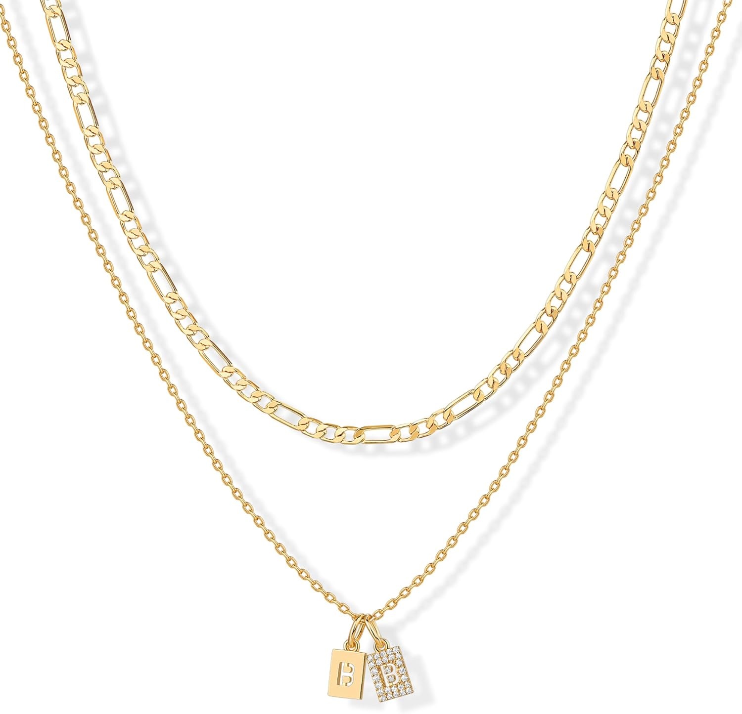 image:imagePAVOI 14K Gold Plated Initial Letter Double Dog Tag Pendant Necklace Dainty Cubic Zirconia Letter Tag Round Box Chain Necklaces for Women B