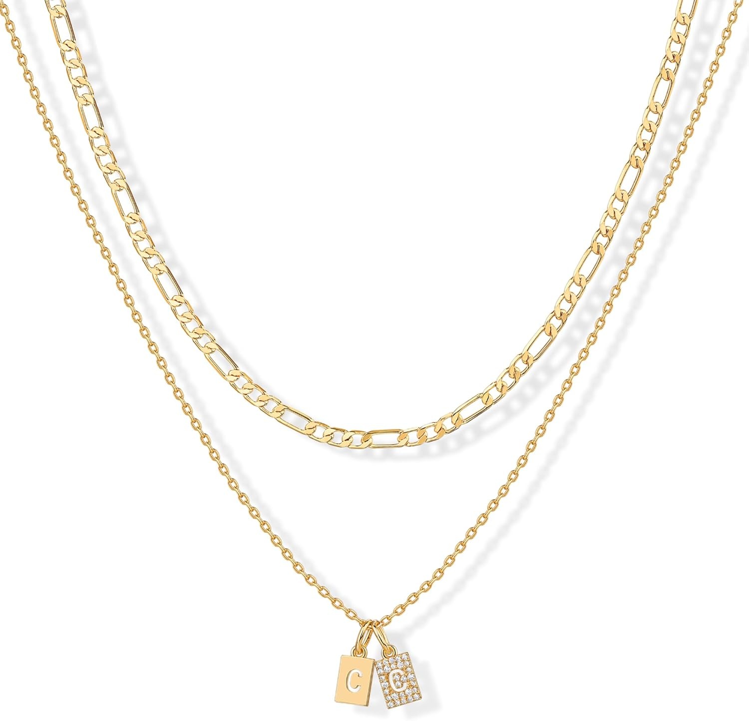 image:imagePAVOI 14K Gold Plated Initial Letter Double Dog Tag Pendant Necklace Dainty Cubic Zirconia Letter Tag Round Box Chain Necklaces for Women C