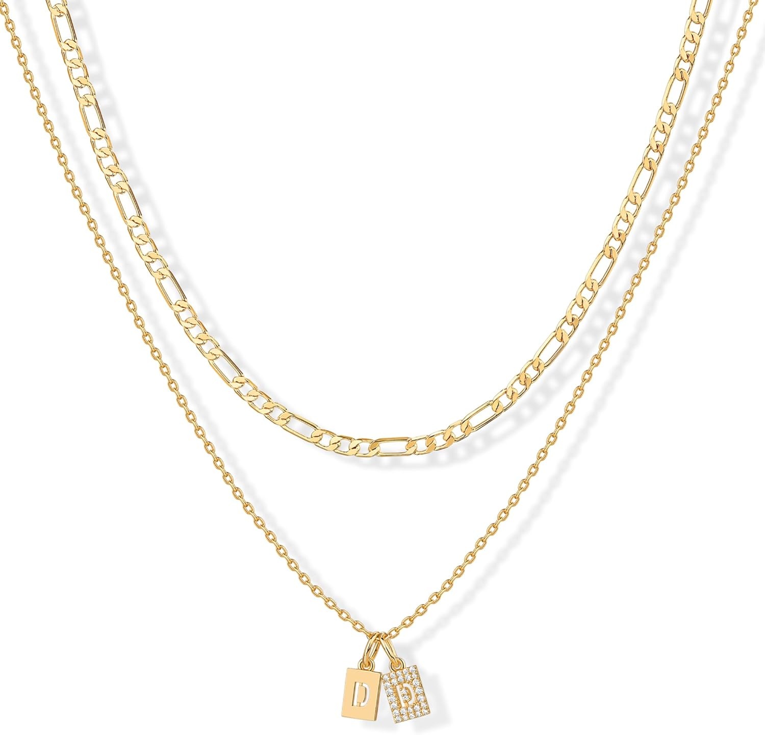 image:imagePAVOI 14K Gold Plated Initial Letter Double Dog Tag Pendant Necklace Dainty Cubic Zirconia Letter Tag Round Box Chain Necklaces for Women D