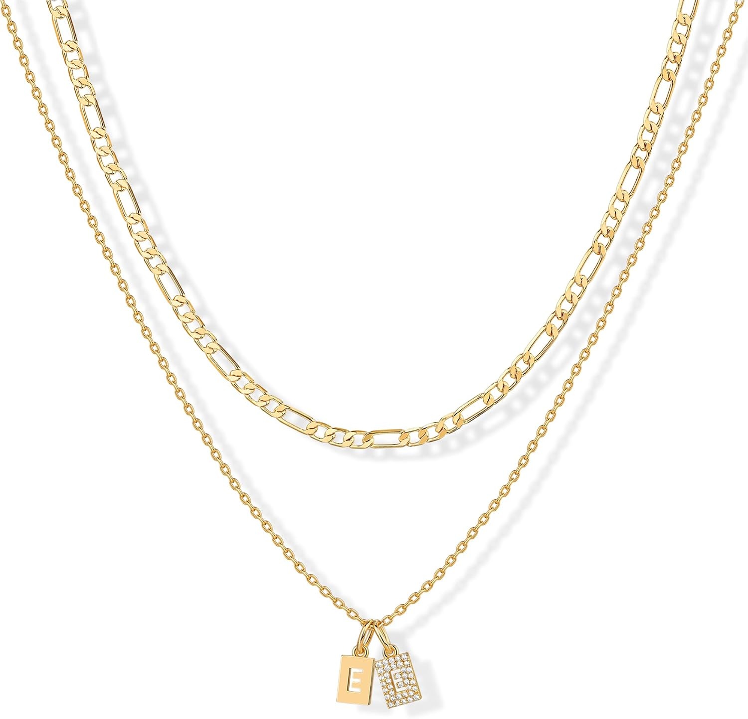 image:imagePAVOI 14K Gold Plated Initial Letter Double Dog Tag Pendant Necklace Dainty Cubic Zirconia Letter Tag Round Box Chain Necklaces for Women E